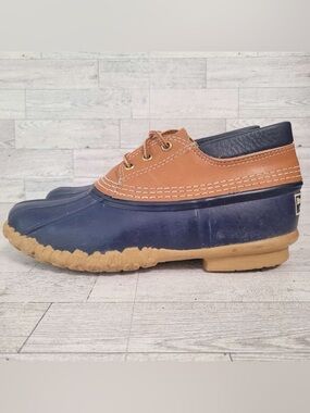 L.L.Bean Gumshoe Low Blue Rubber Brown Leather Hunting Rain Boots Women’s 9